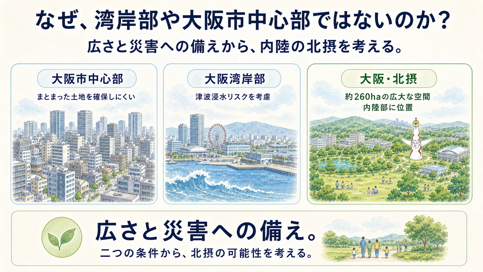 大阪市中心部の土地確保、大阪湾岸部の津波浸水リスク、大阪・北摂の約260ヘクタールの広さと内陸立地を比較した図