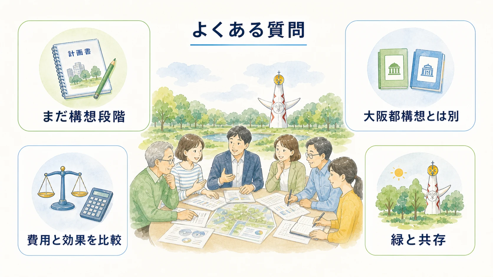 構想段階であること、大阪都構想とは別であること、費用と効果の比較、緑との共存という四つの疑問を話し合う市民・議員・専門家
